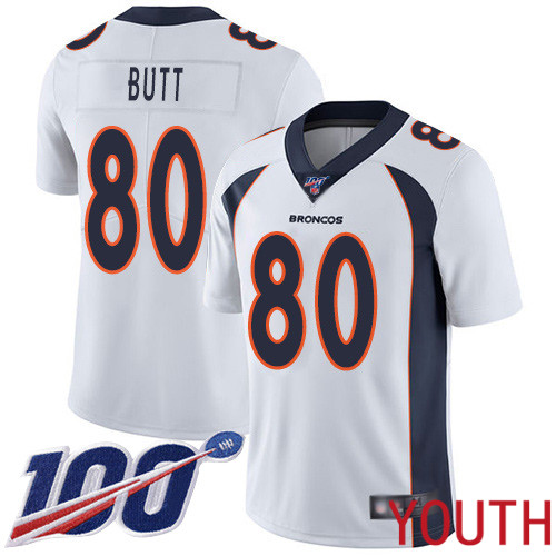 Youth Denver Broncos #80 Jake Butt White Vapor Untouchable Limited Player 100th Season Football NFL Jersey